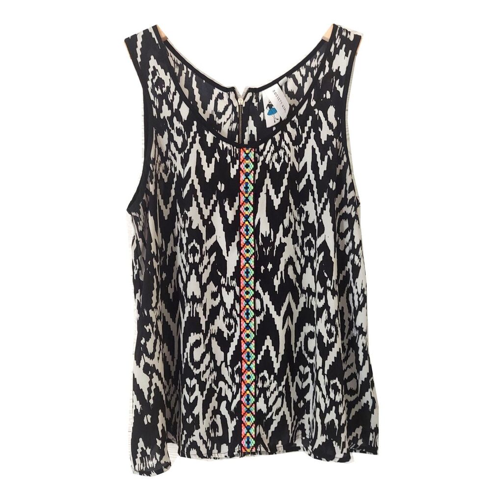 Sleeveless Blouse Black Embroidery Boho Womens Size Large Top